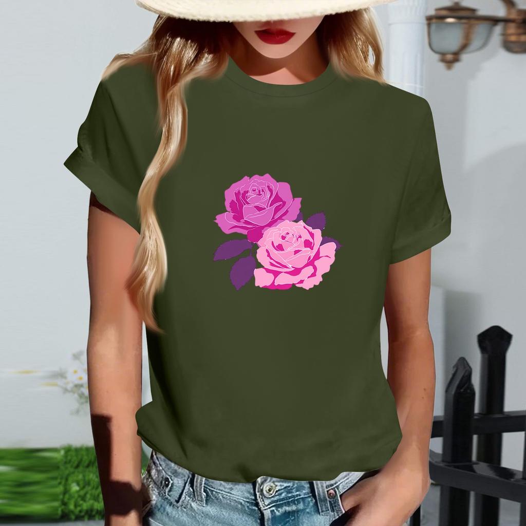 Women's Fashionable Round Neck Casual Retro Print Short Sleeved T-shirt Top