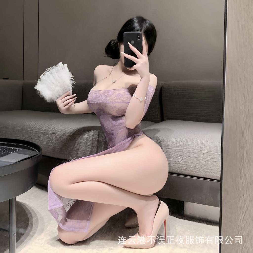 Sex underwear sexy bud cheongsam set pure desire temptation purple lace dress qqny uniform
