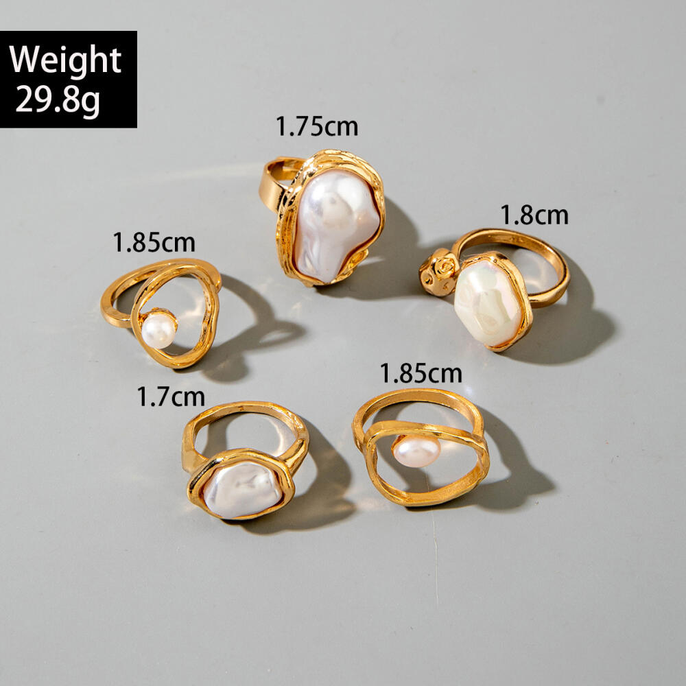 5Pcs/Set Retro Baroque Shaped Pearl Asymmetric Rings for Women Punk Gold Color Metal Geometric Rings Set Party Jewelry Gifts