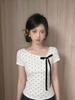 Pure Cotton, Korean Polka Dot Bow Diagonal Neck Short-sleeved T-shirt Women's Summer Slim-fitting and Thin Short Spice Girl Top