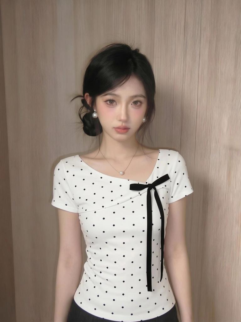 Pure Cotton, Korean Polka Dot Bow Diagonal Neck Short-sleeved T-shirt Women's Summer Slim-fitting and Thin Short Spice Girl Top