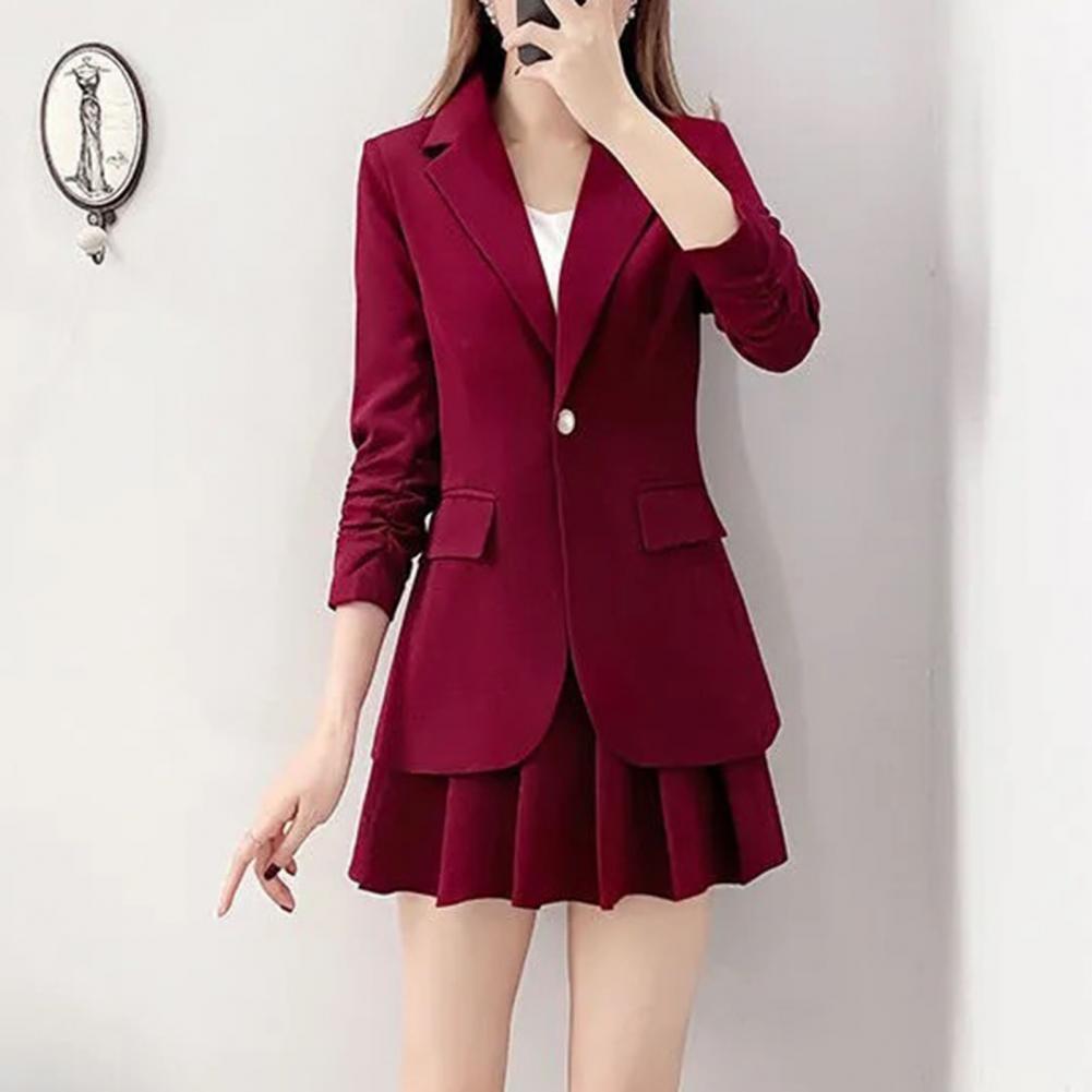 2Pcs/Set Coat Skirt Set Women Spring Autumn Lapel Long Sleeve Single Button Suit Coat Pleated Mini Skirt Set Solid Color Set