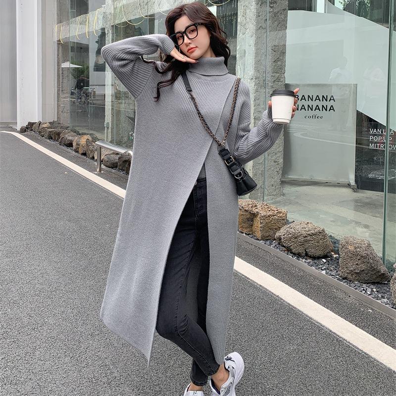Neu im Herbst Winter Damen Strickpullover Lange Kleider Hochgeschlossenes, geteiltes, lockeres Pulloverkleid Lässiger Temperamentpullover mit Kleidung der unteren Schicht