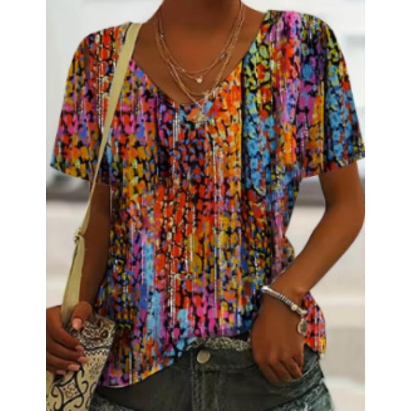 

Летний топ с V-образным вырезом и 3D-принтом в ретро-этническом стиле, модные повседневные женские футболки с короткими рукавами XS