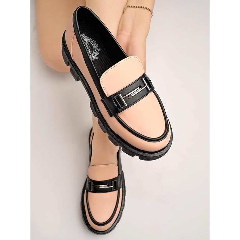 Shoetopia Front Buckle Detailed Peach Loafers For Women & Girls /Uk3-Eu36