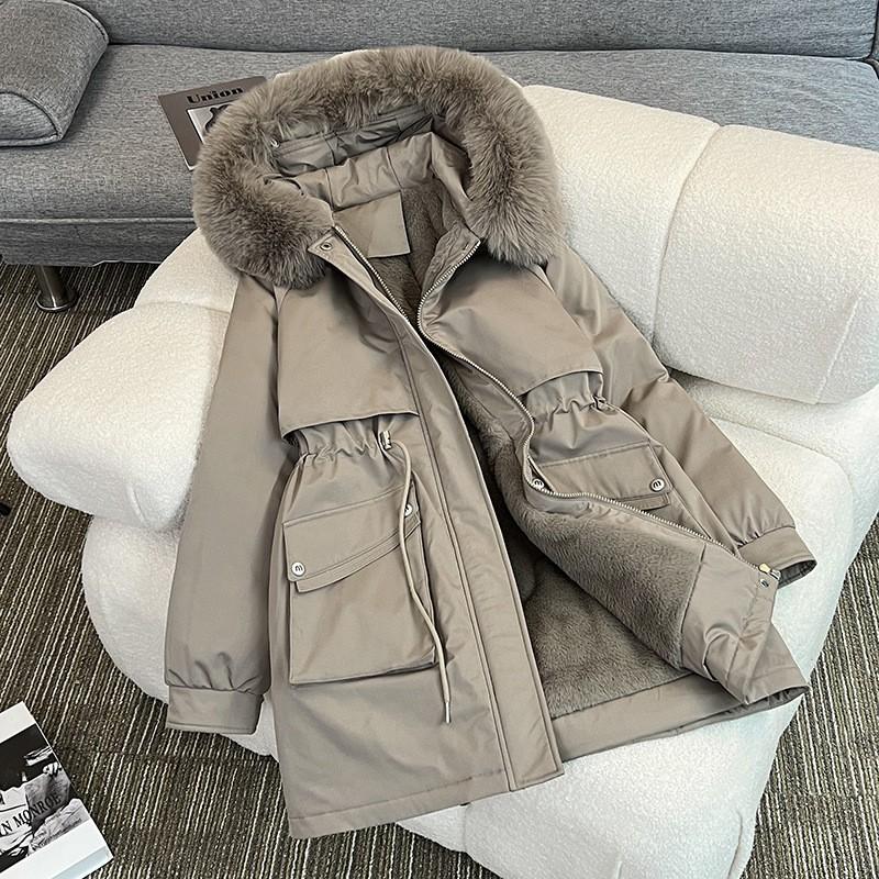 Womens Winter Thick Padded Coat Mid-Length Loose Fit Casual Commute Style With Faux Fur Hood