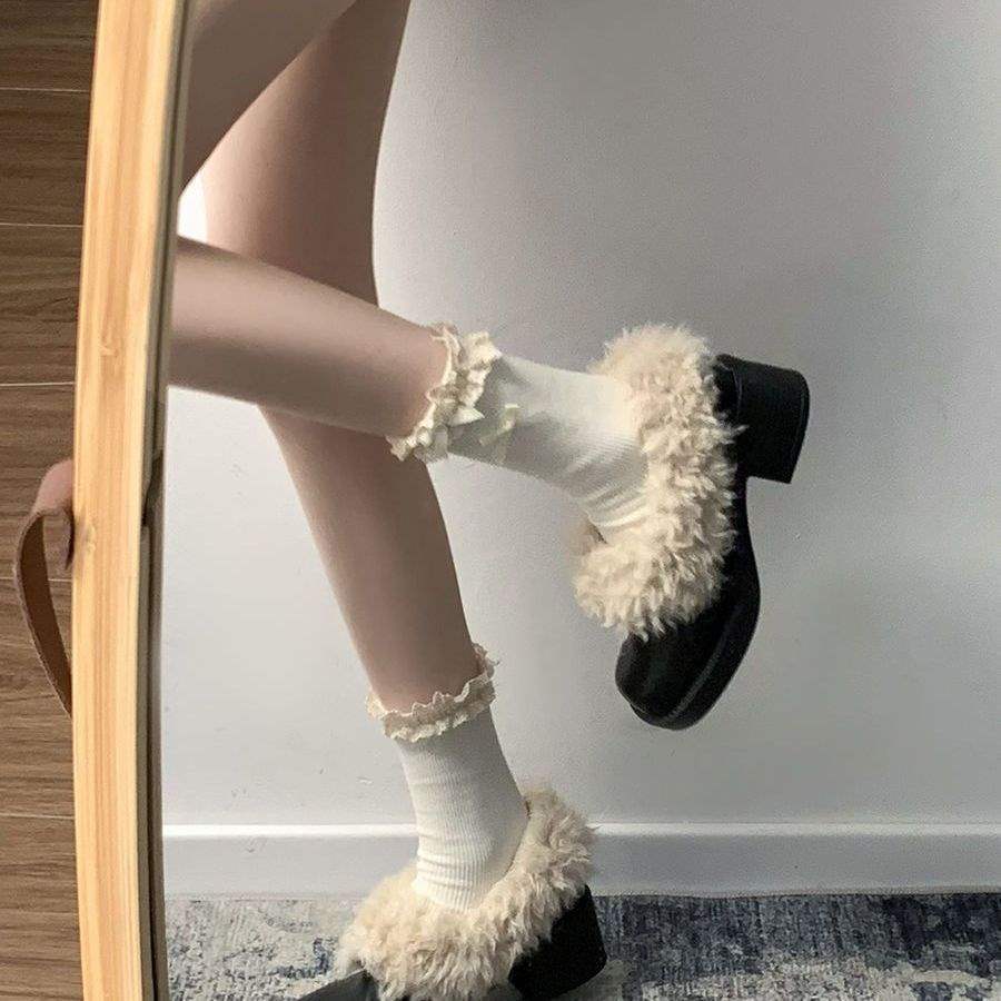 Black Thick-heeled Small Leather Shoes for Women's 2025 New Autumn and Winter Plush Warm Fluffy Shoes Mary Jane Pedal High Heels