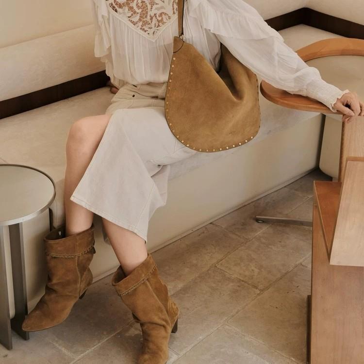 Sheepskin Version~ Retro Niche Fringed Tapered Heel Pointed Flanged Western Cowboy Boots Women's Autumn and Winter Short Boots Thin Boots