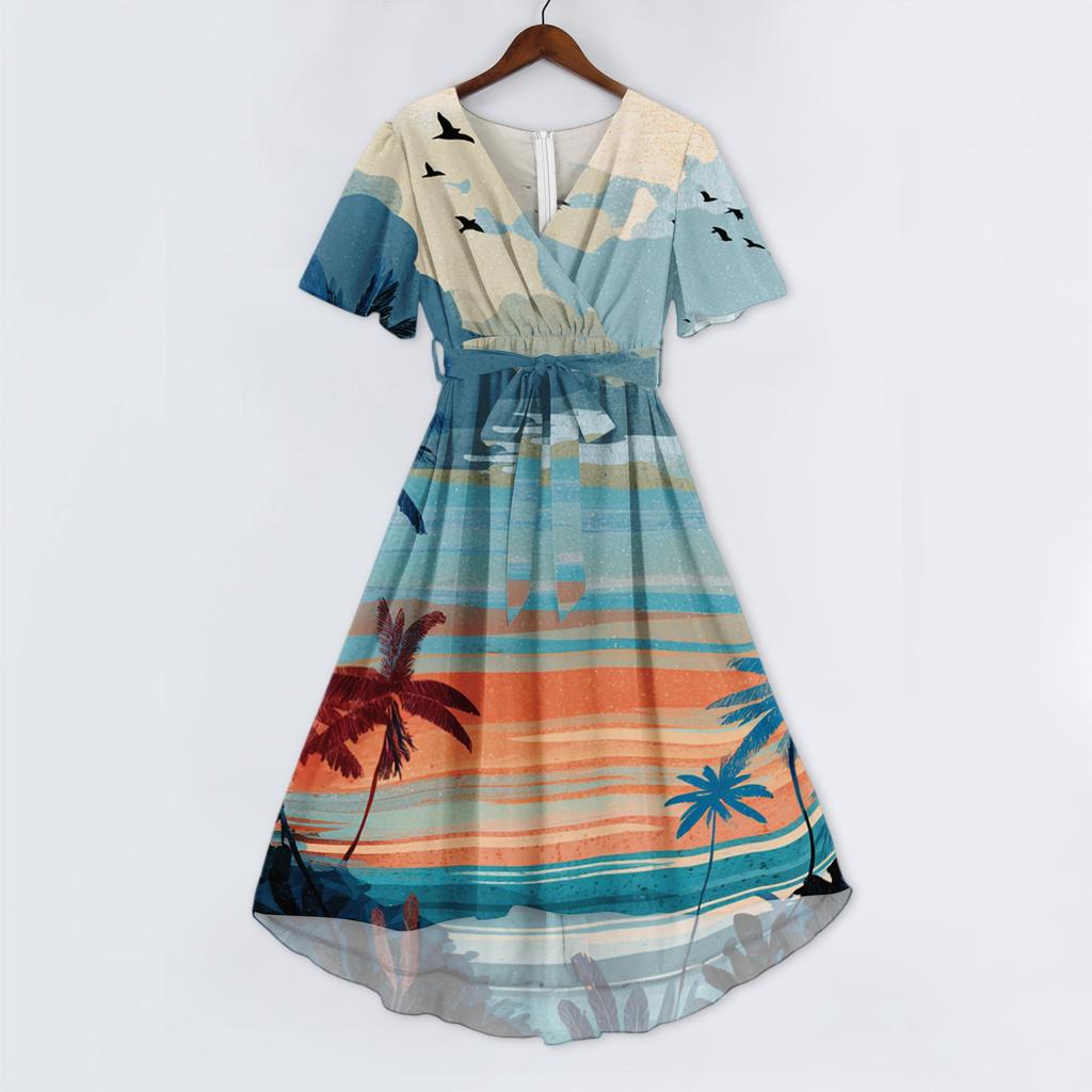 Vestito Casual da Donna con Scollo a V a Maniche Corte, Stampa Hawaiana, Lunghezza Midi, Estivo da Spiaggia, con Vita Elastica e Tessuto Leggero