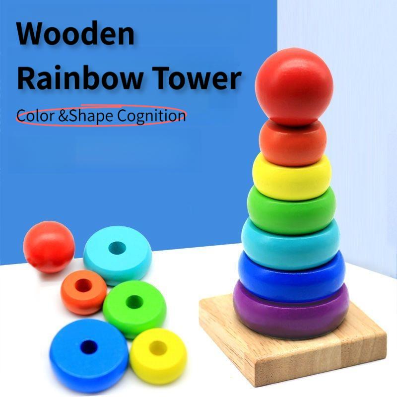 Non-Toxic Montessori Wooden Rainbow Stacker Color Recognition & Hand-Eye Coordination Toy For Babies 1-3 Years