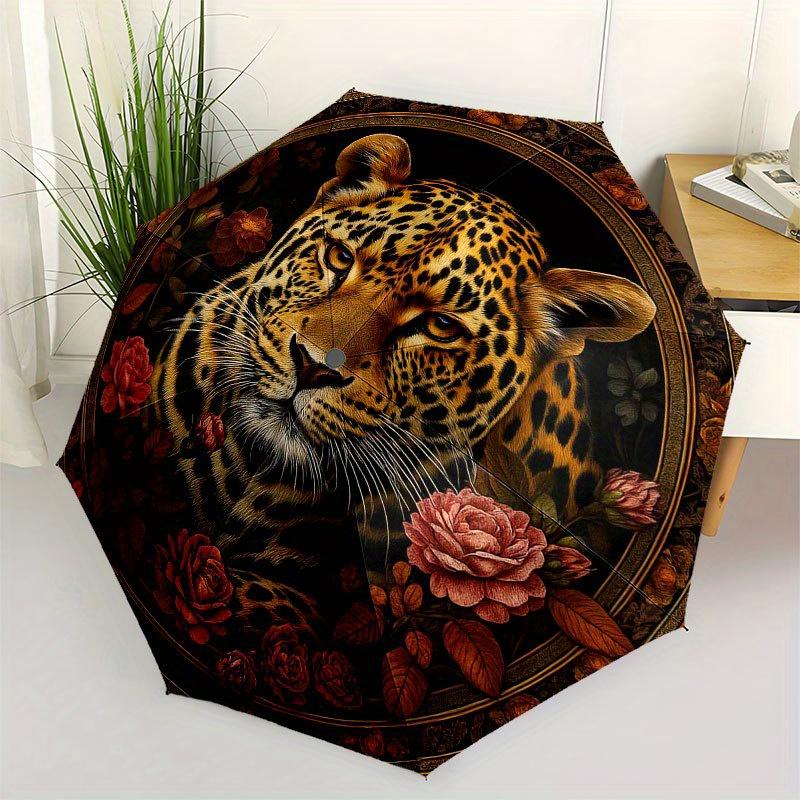 

Exotic Leopard Portrait with Floral Frame Wall Art Print Umbrella, Cute Umbrella with Cute Design, Portable 3-Fold Compact Umbrella for Men & Women, V