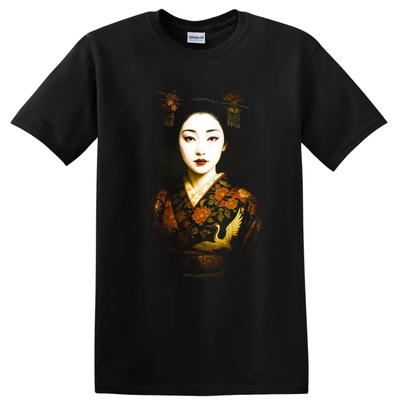 Portret Japonki Kwiatowe Kimono Artystyczny T-shirt Elegancki Gejsza Koszulka