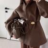 Women Brown Waisted V Neck Long Sleeve Casual Woolen Coat
