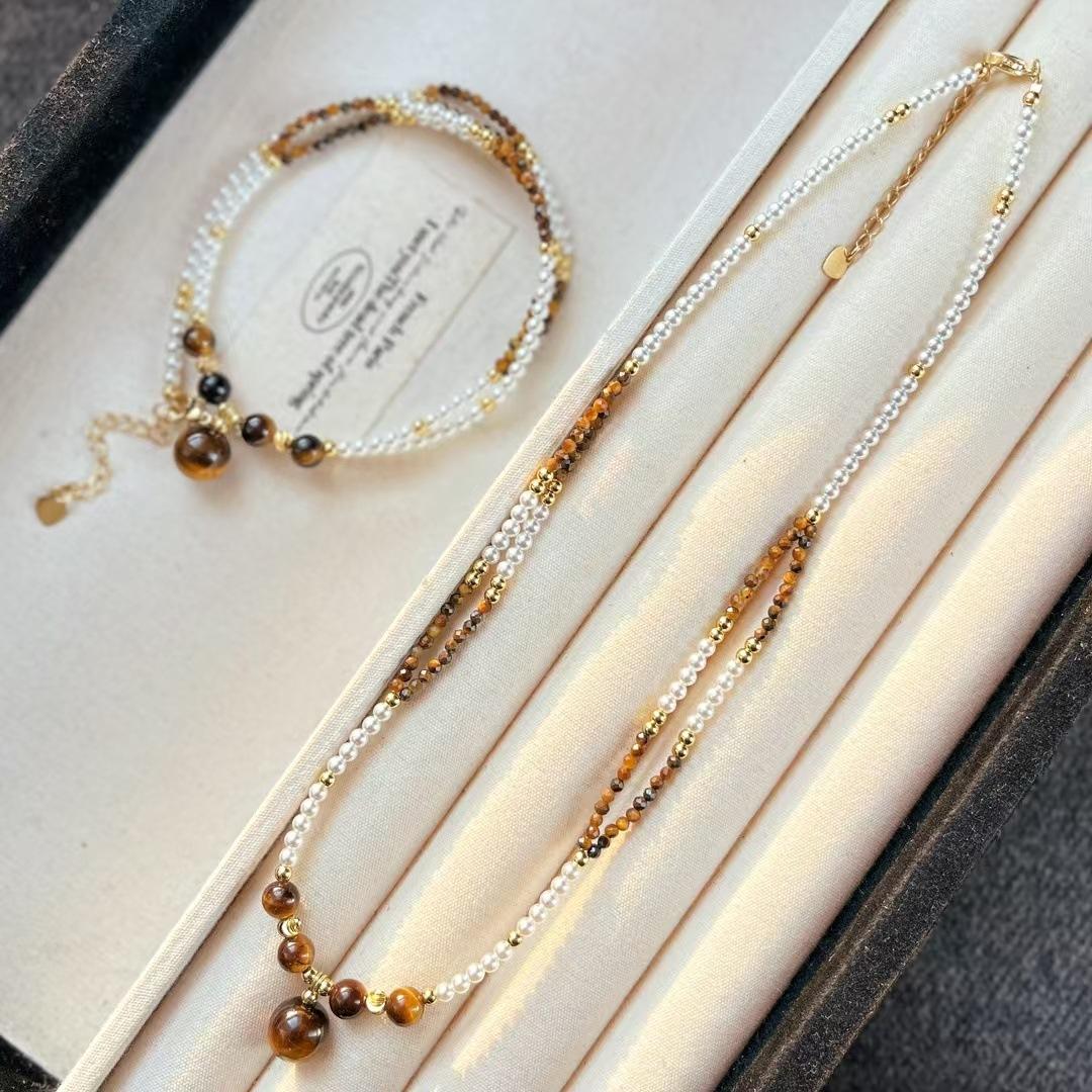 High Matching Retro High Quality Natural Tiger S Eye Stone Artificial Crystal Pearl Collarbone Chain Pendant Necklace