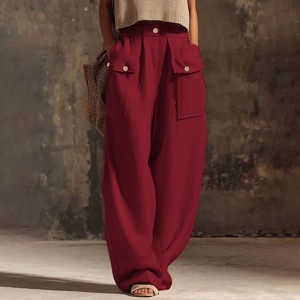 Women’s Casual Wide Leg Pants with Buttoned Pockets Cotton Linen Relaxed Fit Trousers for Everyday Wear Office Travel Lounge