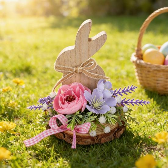 Easter Bunny Wooden Sign Desktop Bunny Ornament with Artificial Flower Spring Party Tabletop Centerpiece for Tiered Tray Home Decor