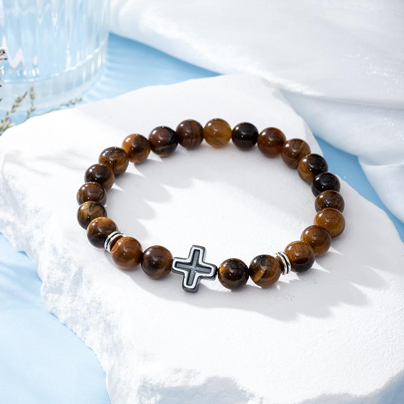 Fashion Religion Cross Men Women 8mm Natural Stone Tiger Eye Volcanic Rock Bead Bracelet Elastic Bracelet Bangle Jewelry