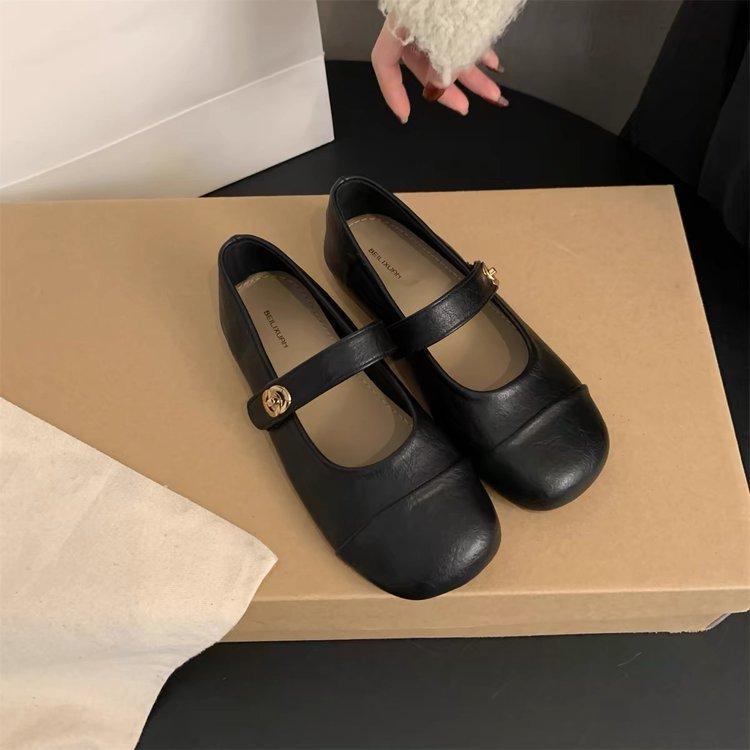 

Ballet single shoes women s spring and autumn new retro soft leather French gentle fairy evening breeze flat bottom Mary Jane small leather shoes 35 чёрный