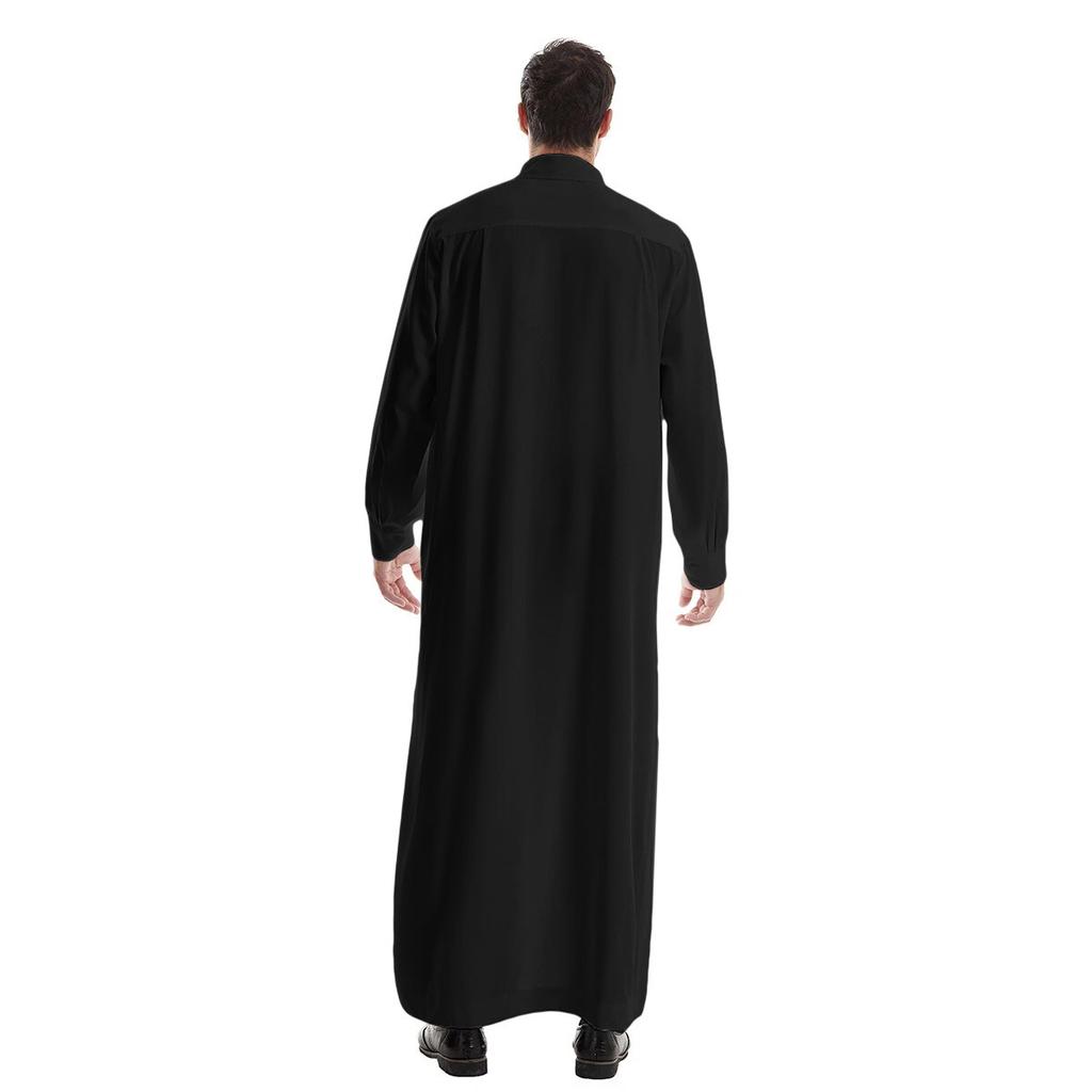 Men's Muslim Robe Solid Color Long Sleeve POLO Neck Pocket Loose Muslim Robe