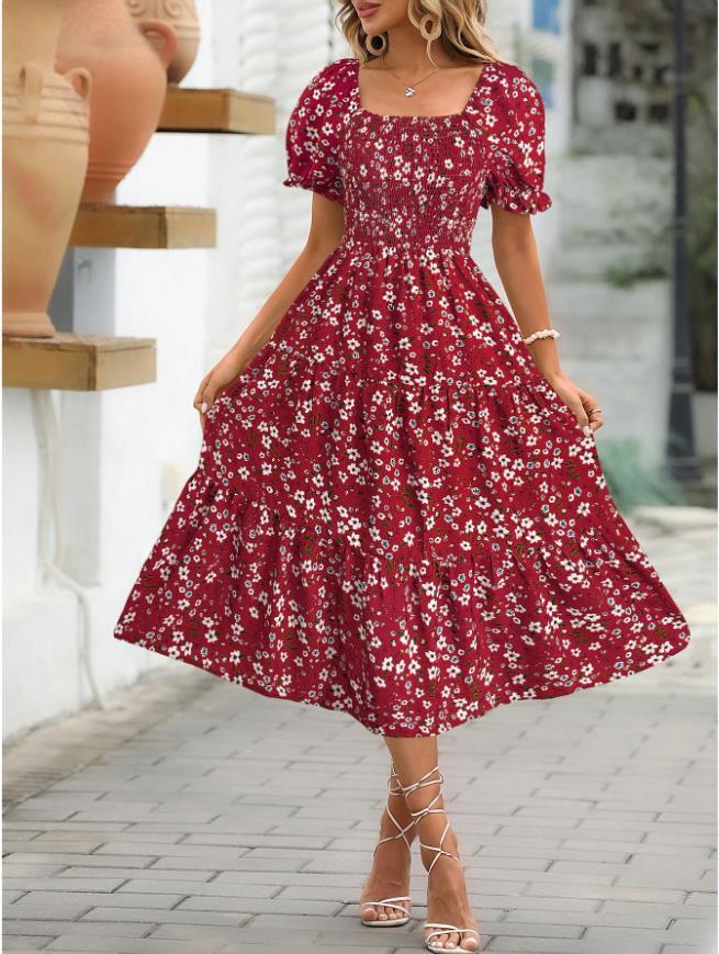 European and American printed square collar waist bubble sleeves layered women's dress sweet wind dress