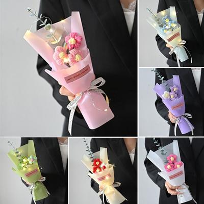 Knitted Crochet Flowers Bouquet LED Lights Glowing Puff Flower Bouquet Photography Props Handmade Eternal Simulated Flowers