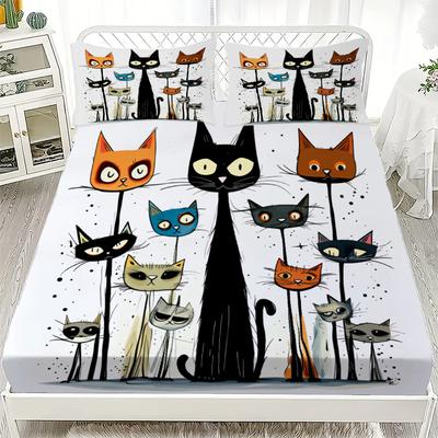 Cat Theme Fitted Sheet Set White Color Cartoon Cats Pattern With Pillowcases For Bedroom Decor