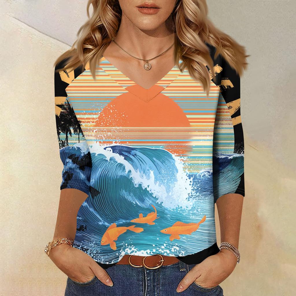 Women V Neck Blouse 3/4 Sleeve Loose Fit Casual Shirt Floral Print Lightweight Top for Everyday Wear