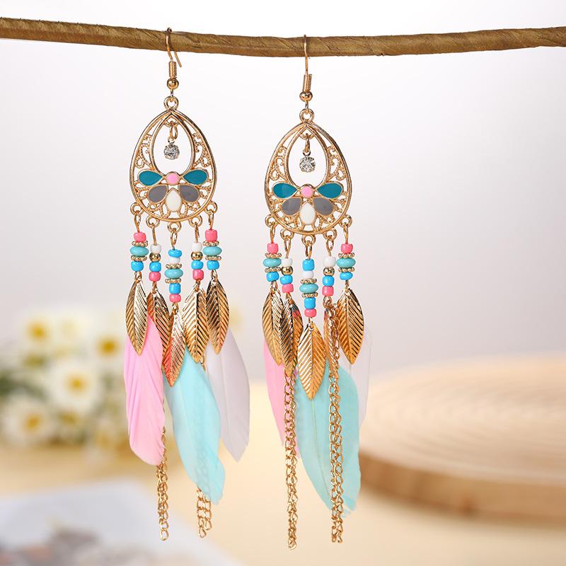 Fashion Vacation Style Bohemian Feather Earrings for Women Ethnic Long Chain Bead Leaf Dangle Earrings Party Daily Jewelry
