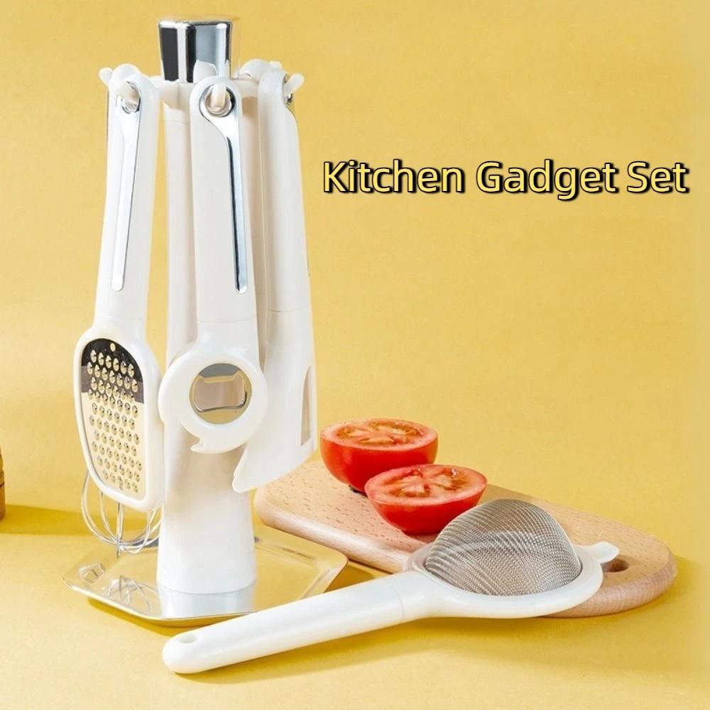 7 Pieces/Set Stainless Steel Kitchen Gadget Set Space Saving Filter Screen Bottle Opener with Storage Rack Household Egg Beater