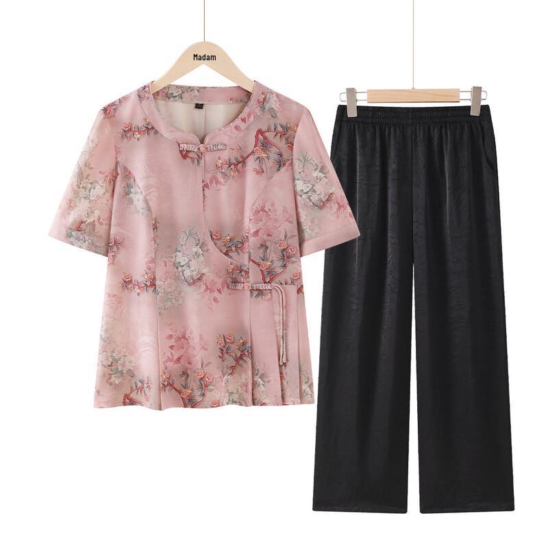 

DaTangFuRen Women s Summer Short-Sleeve Stand Collar Shirt Set 4XL