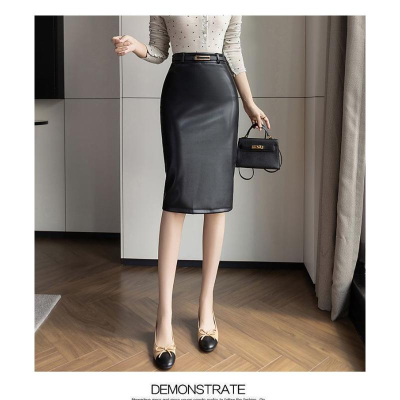 Damen Schwarzer Kunstleder High Waist Schlanker Bleistiftrock Mit Gürtel Büro Freizeit Midi Rock