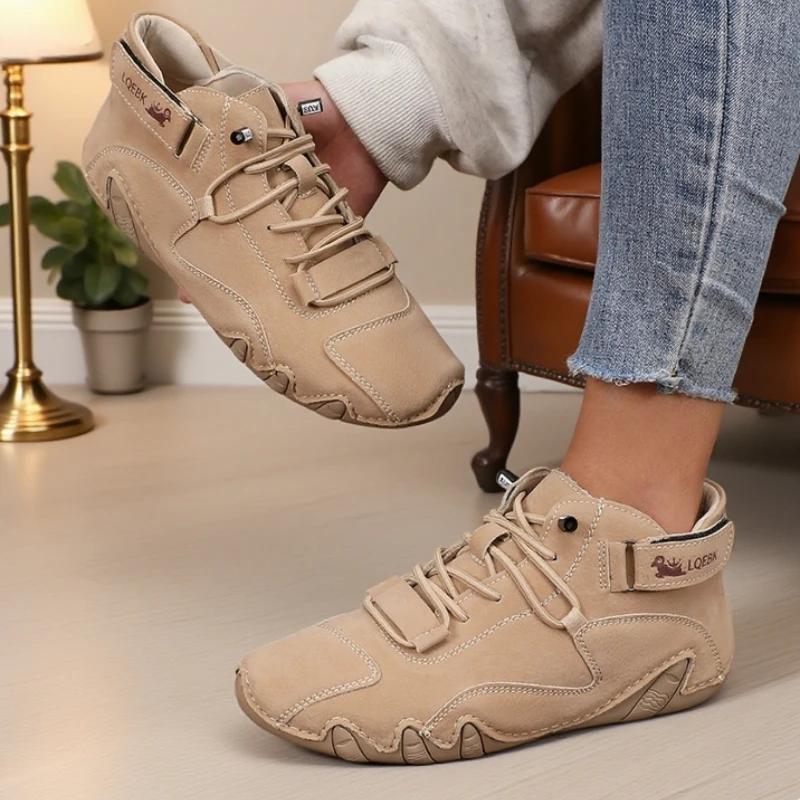 Women Ankle Boots Trendy Color Block Leather Fashion Brand Sneakers Retro Anti Slip Comfortable High Top Motorcycle Women Boots