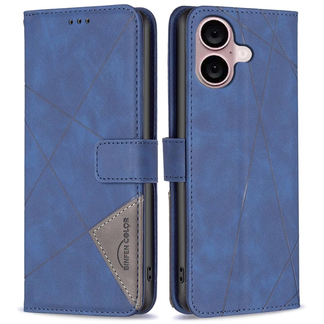 

For iPhone 16 Plus Phone Cases Wallet Stand Geometry Imprint Leather Cover Blue