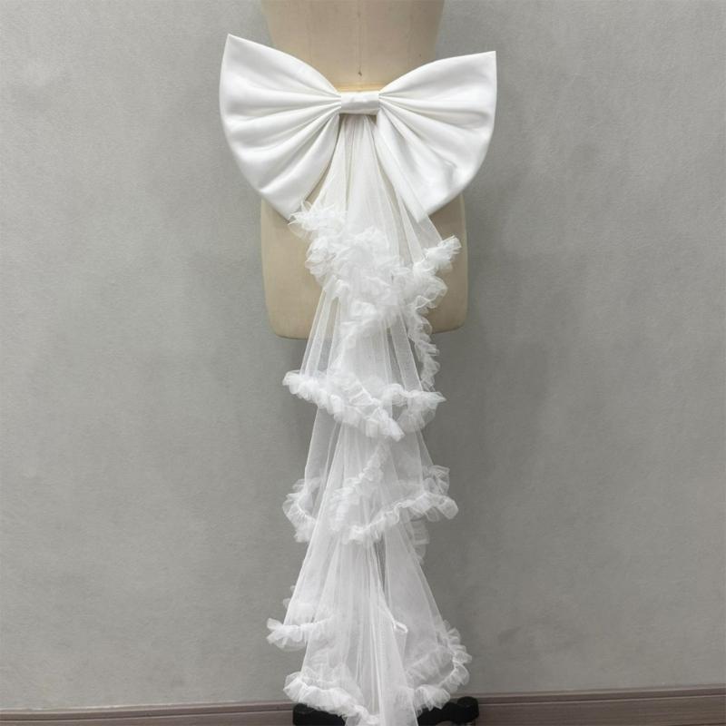 Classical Wedding Sash Bows Waist Decoration Large Bows Towing Multilayer Sheer Veil For Wedding Bride Waist Styling
