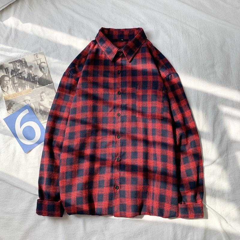 Podzimní modrá kostkovaná košile Pánská košile s dlouhým rukávem Bunda Korejský styl Volný a pohledný Hong Kongský styl Ochrana proti slunci Pár Oblečení Pánské