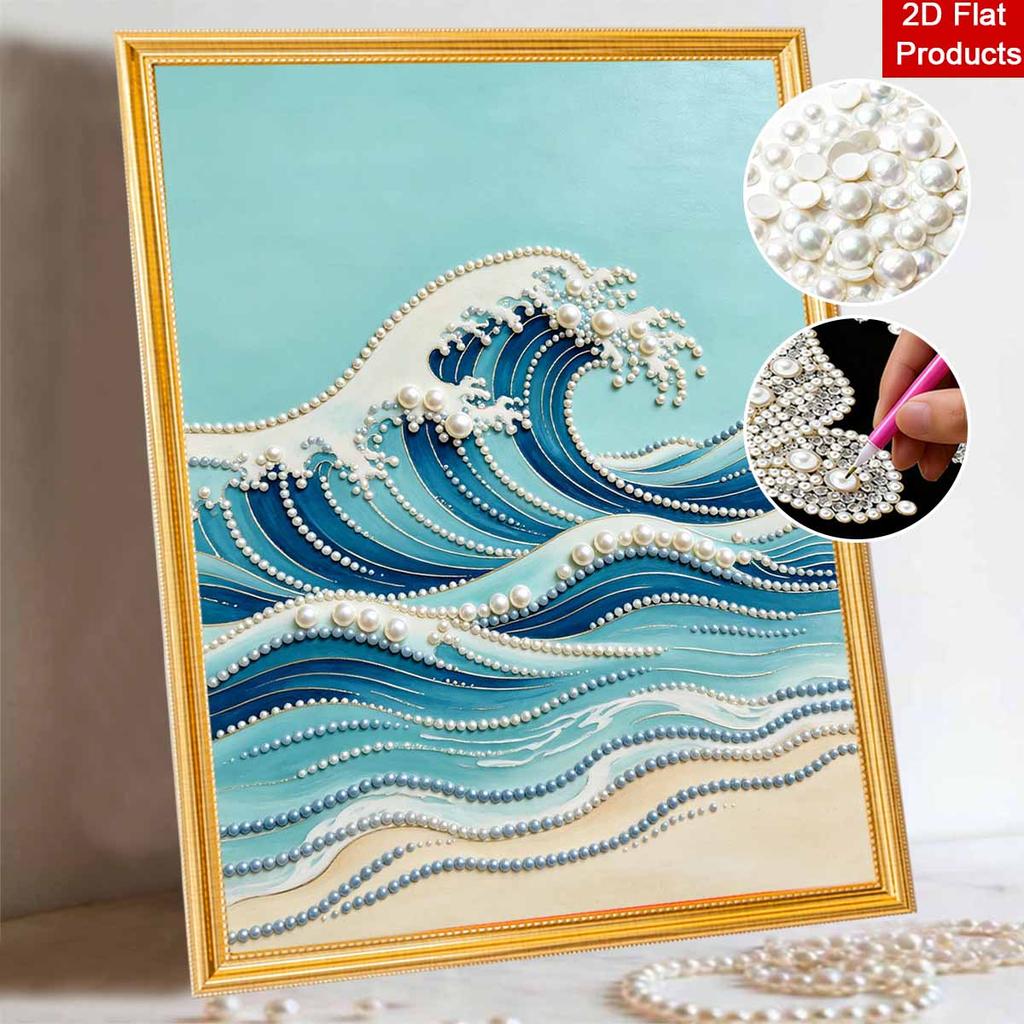 Kit de Pintura de Perlas sin Marco DIY Diseño de Ola del Océano Lienzo de Perlas Brillantes 3D Manualidad Creativa Relajante para Amantes del Arte