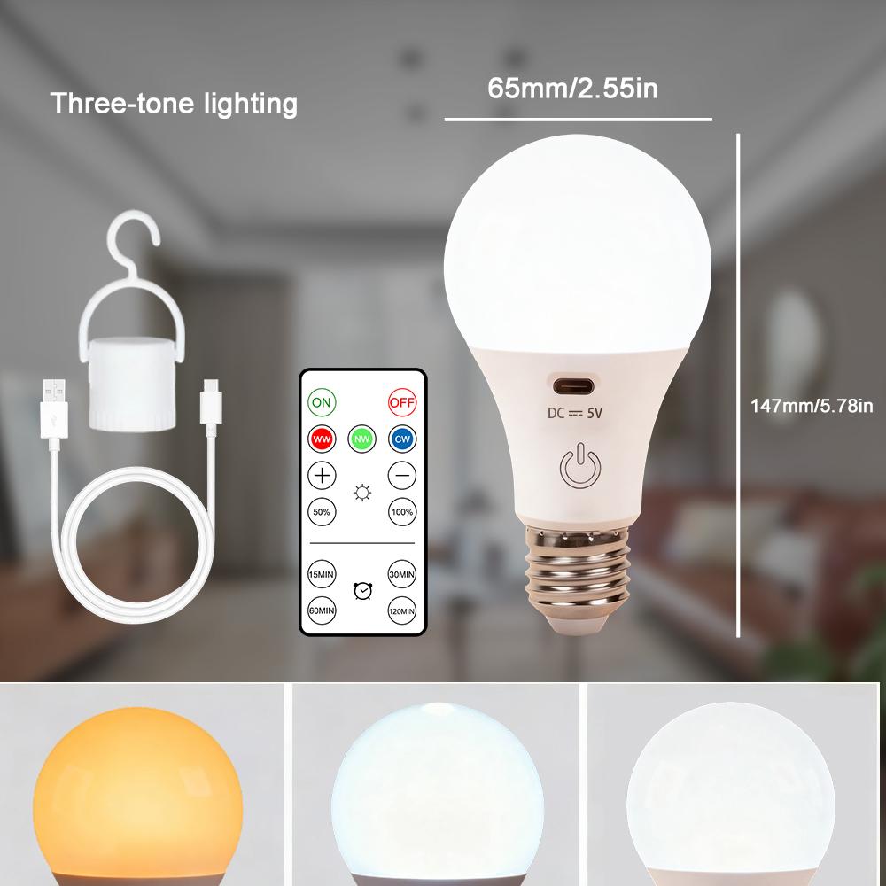 E27 Wireless RGB/CW Stepless Dimming USB Rechargeable Light Bulb with Remote Control Battery-Powered Light Bulb Dimmable/Timer