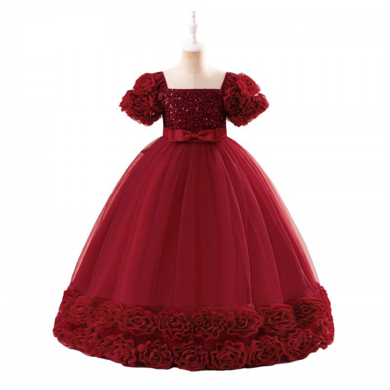 Girl Princess Dress Sequined Formal Gown Pageant Host Performance Fall Winter
