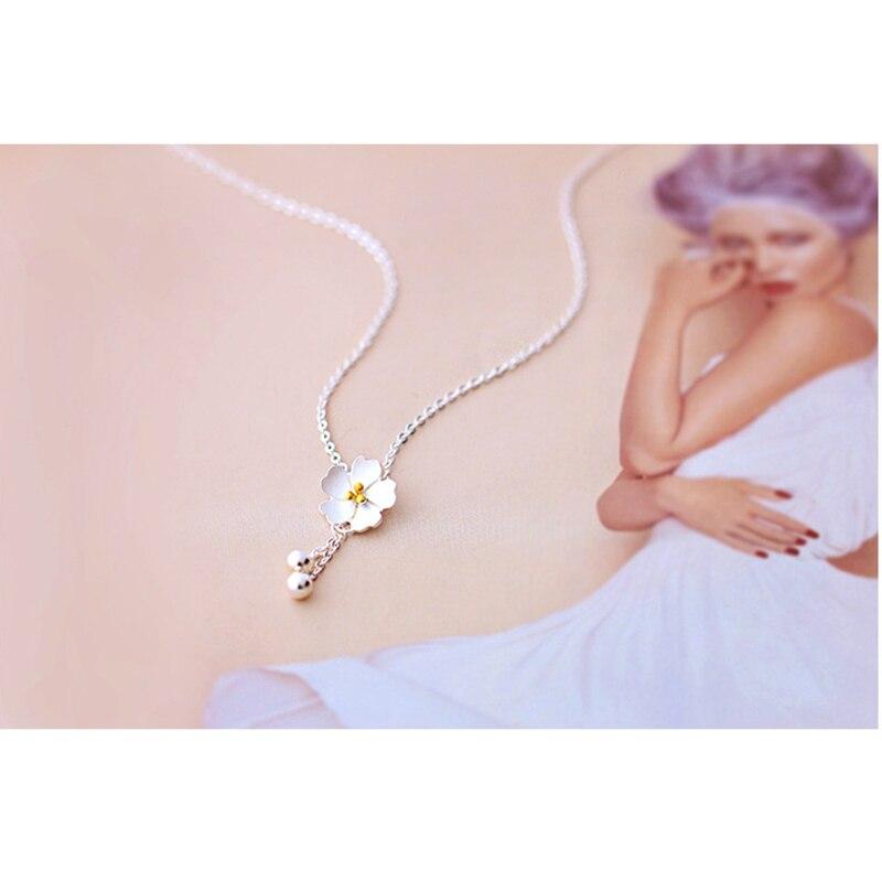 ZHUDJ Collana di Fiori in Argento Sterling 925 Collana di Fiori di ciliegio in Conchiglia di Cristallo per Gioielli a Catena Collares da Donna