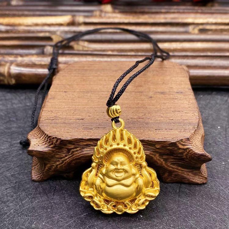 Vietnamesischer Sandgold Buddha Anhänger: Vergoldetes Maitreya Flammen Design