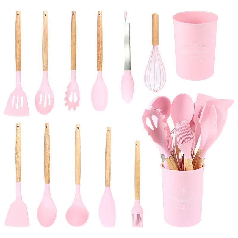 12-Piece Silicone Cookware Set with Wooden Handles - Non-stick, High-Temperature Resistant, Includes Spatula and Soup Ladle.