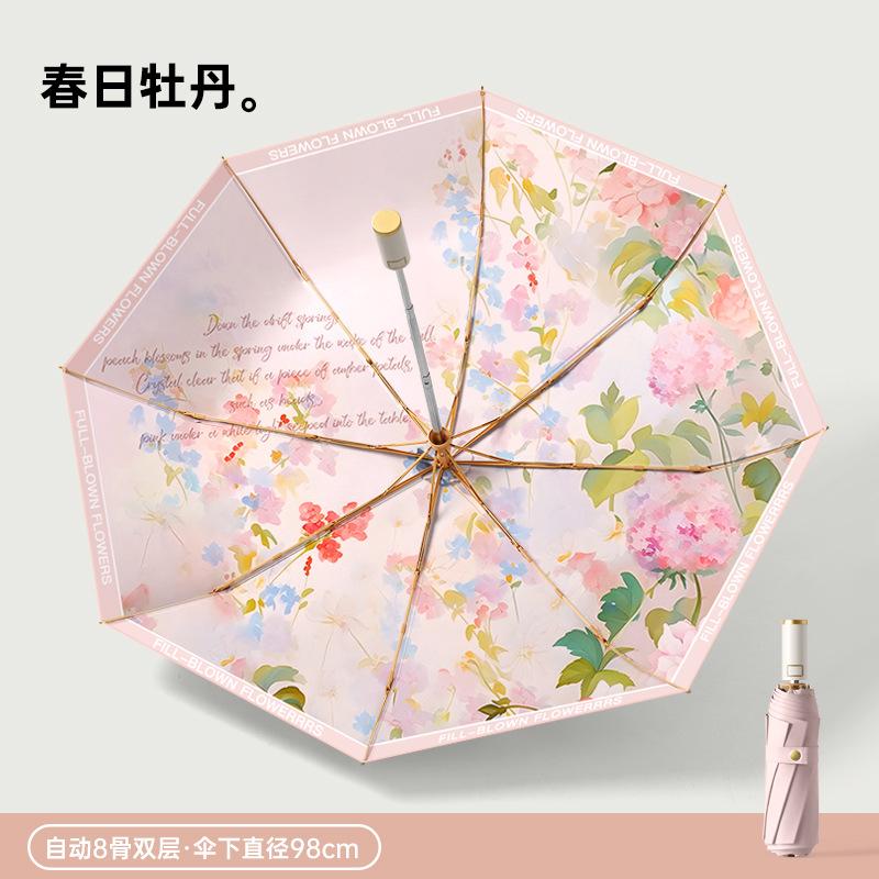 2025 popular three-fold 8-bone color glue digital weather and rain dual-purpose retro literary parasol plus