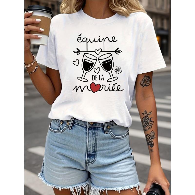 

Women s T-shirt, French équipe DE LA Mariée Bride s Squad Wine Glass, Heart, and Floral Romantic Party-style Letter Print, 4XL білий
