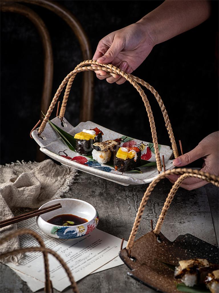 Japanese Ceramic Cuisine Tianfu Fried Dish plate with handle Handheld Dish Hanging Fruit sushi Dim sum Hotpot Vegetable tray