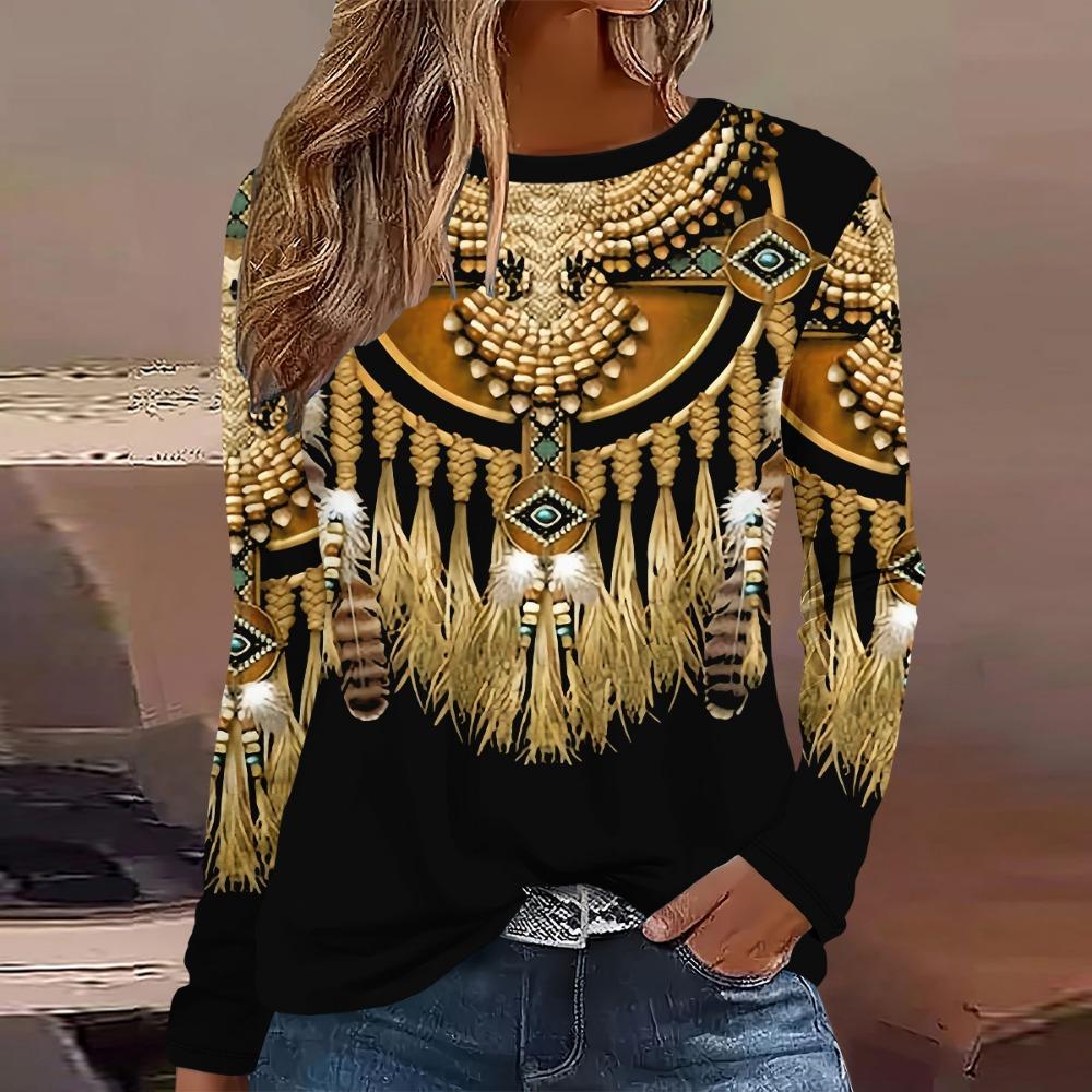 Summer New Fashion Women's Casual Long-sleeved Printed T-shirt Top