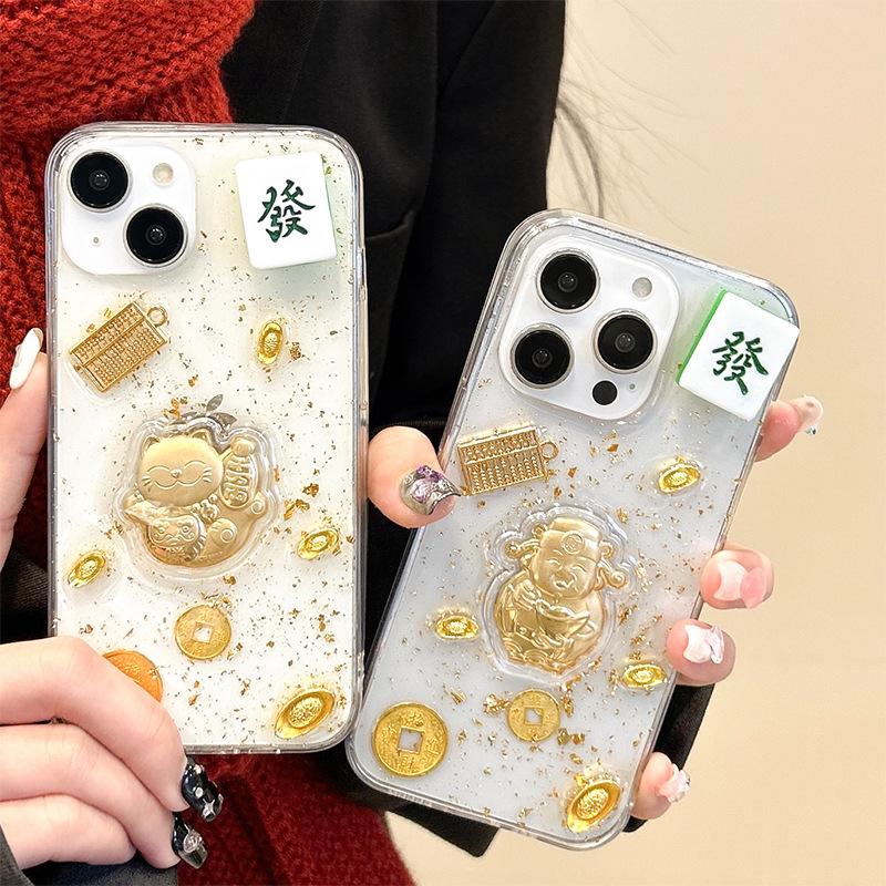 Apple 16Pro New Year's ingot mobile phone case is suitable for Iphone17Promax Epoxy Gold Foil Coin Lucky Cat