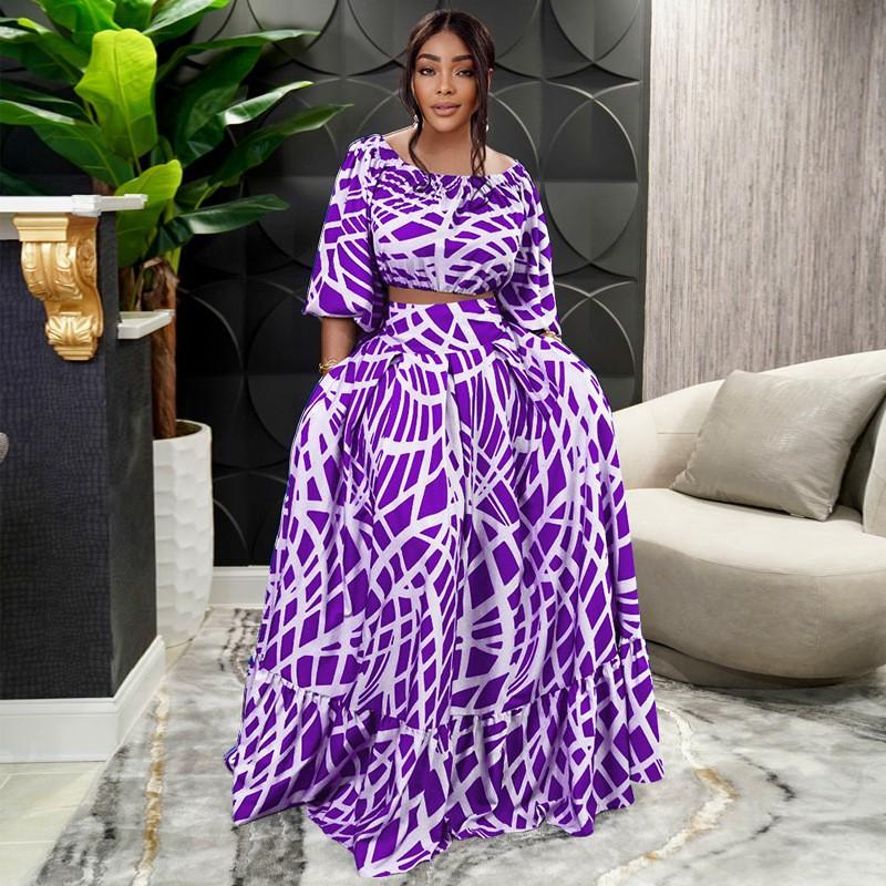 MY963 Womens Plus Size Floral Print Two-Piece Set Long Sleeve A-Line Maxi Skirt Outfit Casual Dressy Ensemble