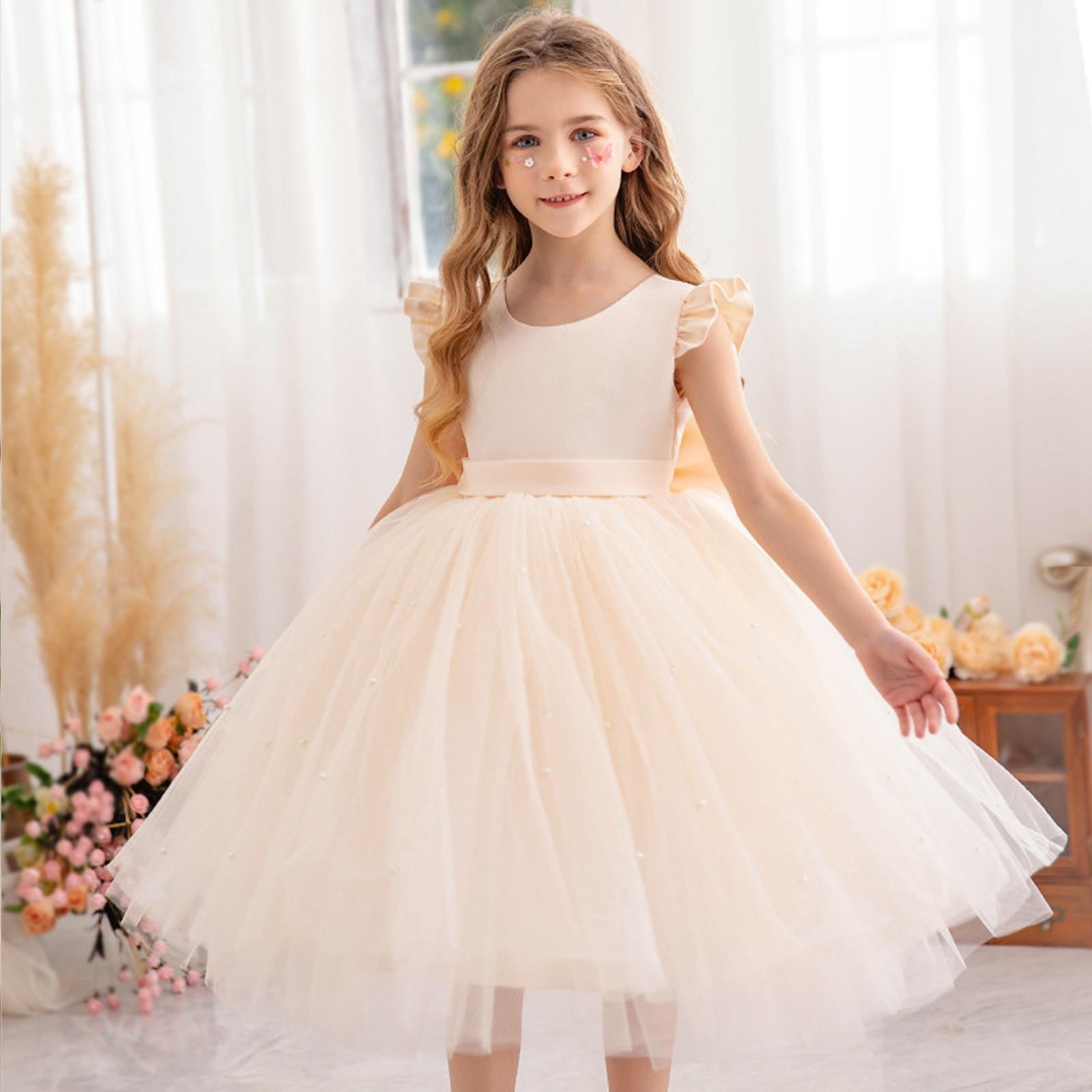 

Girl Dress Party Gown Tulle Satin Pageant Birthday Princess Ruffle Gown 130 бежевый