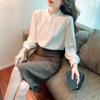 2024 Autumn Korean Style Long Sleeve Stand Collar Chic White Chiffon Blouse with Flounce Sleeves