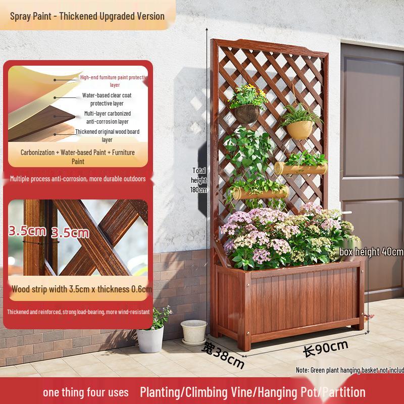 Carbonized Wooden Planter with Trellis: Outdoor Anticorrosive Flower Pot and Climbing Rack for Balcony or Garden.